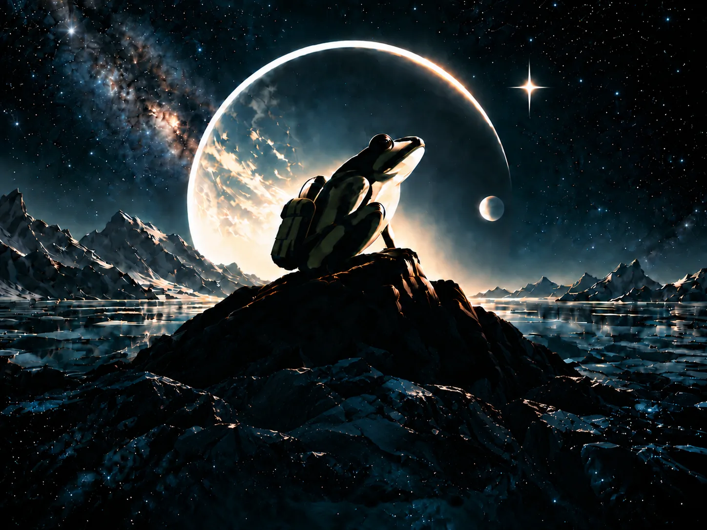A travelling frog beneath a moonlit sky